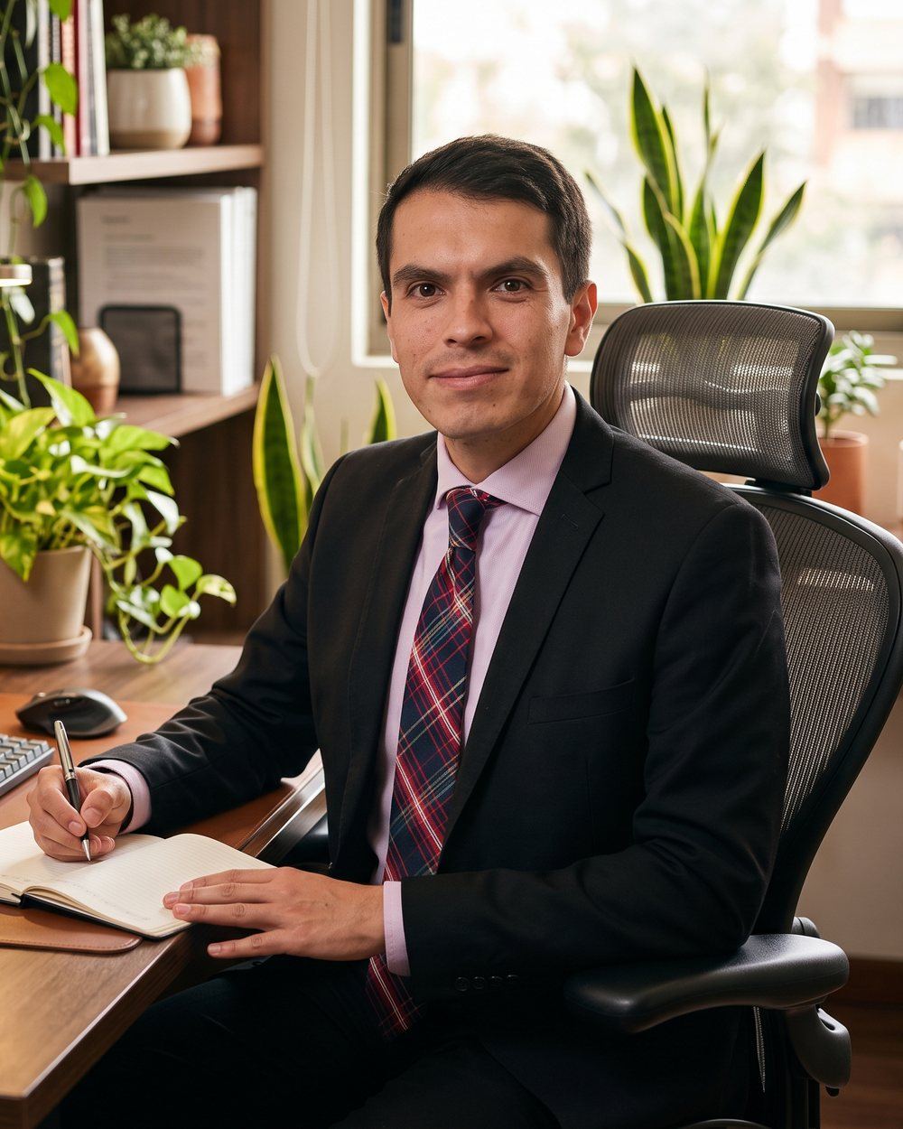Damián Espitia at his desk, taking notes in a notebook